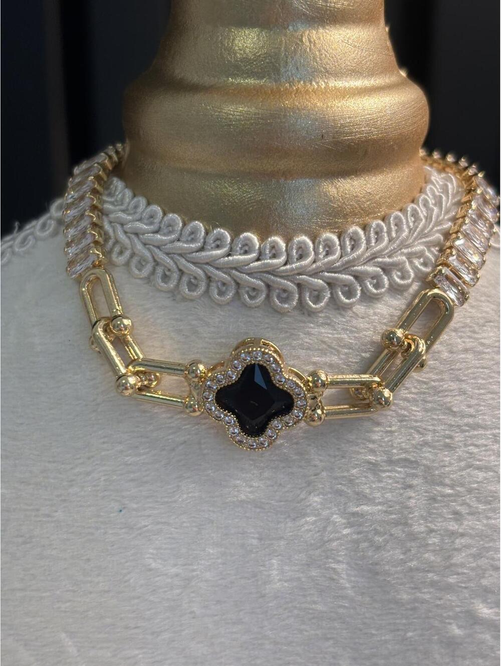 Gold Tone Bracelet with Black Clover and Clear Crystal Accents
